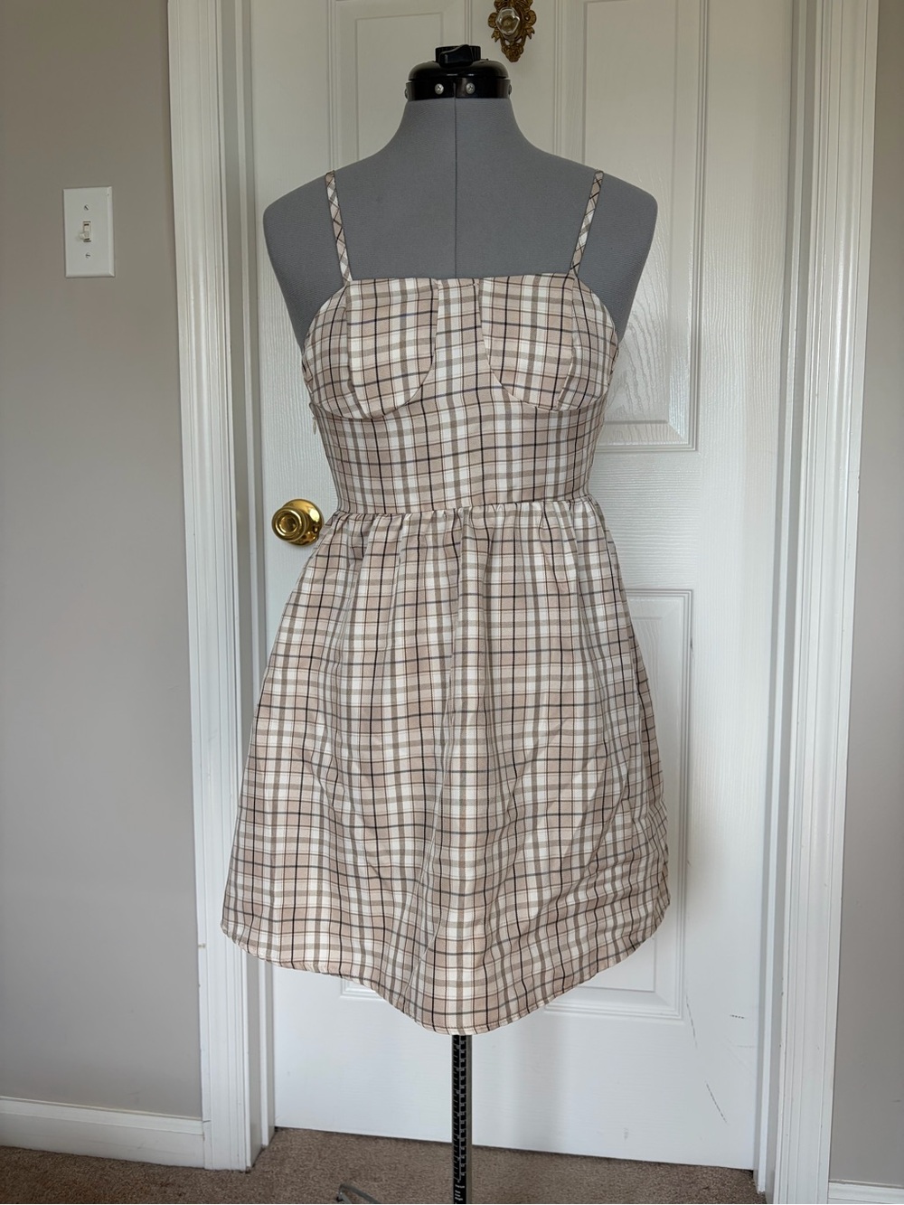Plaid Spaghetti-Strap Mini Dress in Beige